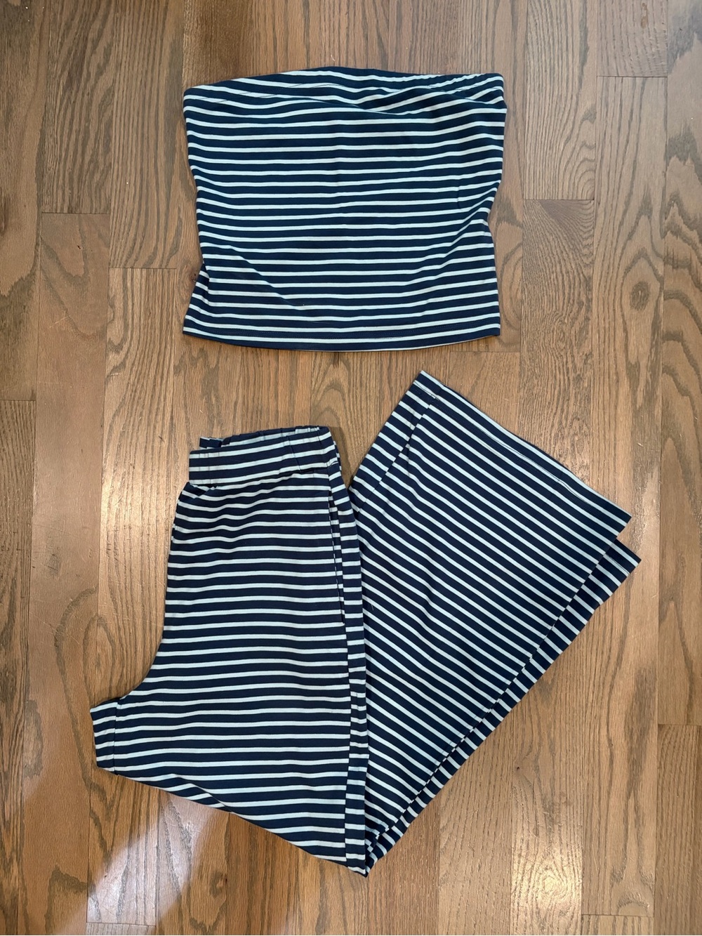 Striped Navy & teal Tube Top and Wide-Leg Pants Set